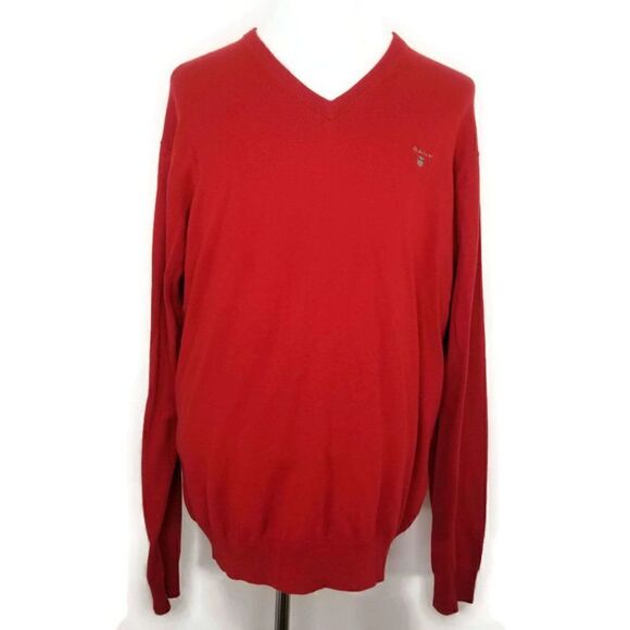 Gant Sweater Mens Size 2XL Cotton Wool Red V-Neck Long Sleeve Pullover Jumper - Picture 1 of 11